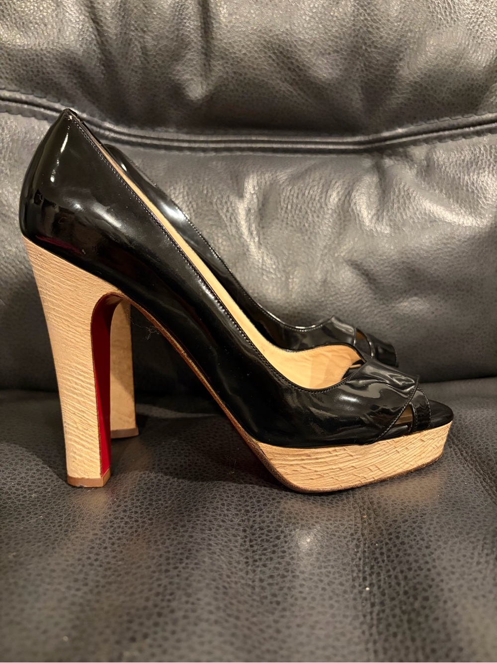 Christian Louboutin Black Patent Peep-Toe Platform Pumps with Natural Heel